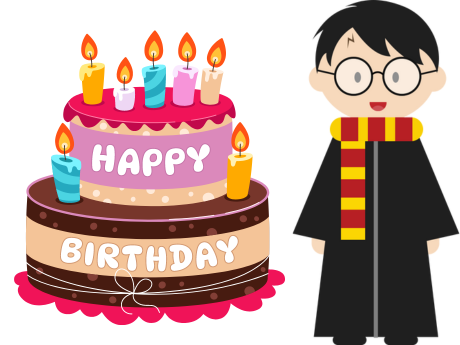 multi color birthday cake with candles, harry potter cartoon image