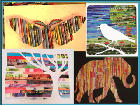 Image of butterfly, tree, bird, and elephant made from magazine craft