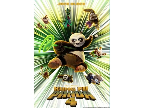 Kung Fu Panda and friends jumping through the air on a green stripy background